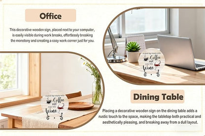 Coffee And Wine Desk Decor Sign, Rustic Funny Wooden Box Plaque, A Good Day Starts With Coffee And Ends With Wine Wood Sign, Decor For Home Kitchen Table Top, Wooden Round With Stand-23