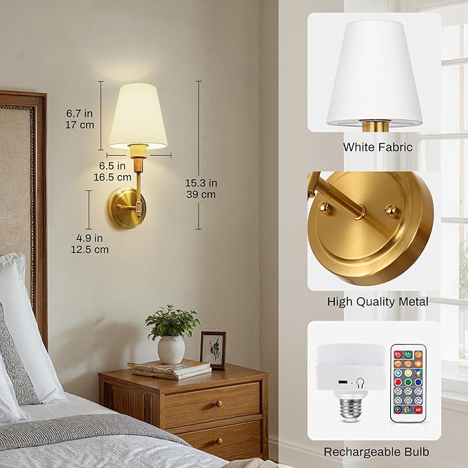 DORESshop Battery Operated Wall Sconce Set of 2, Wall Light Wireless Easy to Install, Dimmable and Adjustable Sconces Wall Decor, Rechargeable Wall Lamp for Bedroom, Living Room, Gold 14.8in