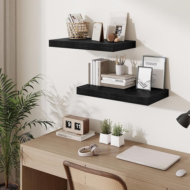 Fun Memories 24 Inch Floating Shelves Wall-Mounted, 12 Inch Deep Wall Shelves, 24 x 12 Floating Shelf, Deep Storage Shelf for Living Room Bathroom Bedroom, Black, Set of 2