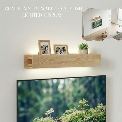 24" Natural Wood LED Floating Shelf, Heavy Duty Solid Pine Decorative Wall Mounted Shelf with Soft Ambient Lights, Minimalist Ledge for Living Room & Bedroom, Ideal for Scandinavian Home Decor
