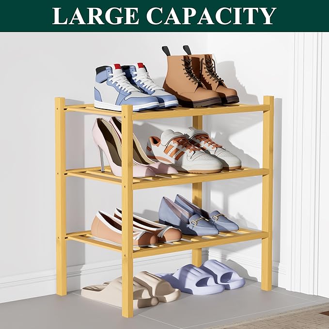 Smiry Bamboo Shoe Rack for Closet, 3 Tier Small Wooden Stackable Shoe Organizer, Free Standing Shoes Storage Shelf for Entryway, Front Door Entrance, Natural