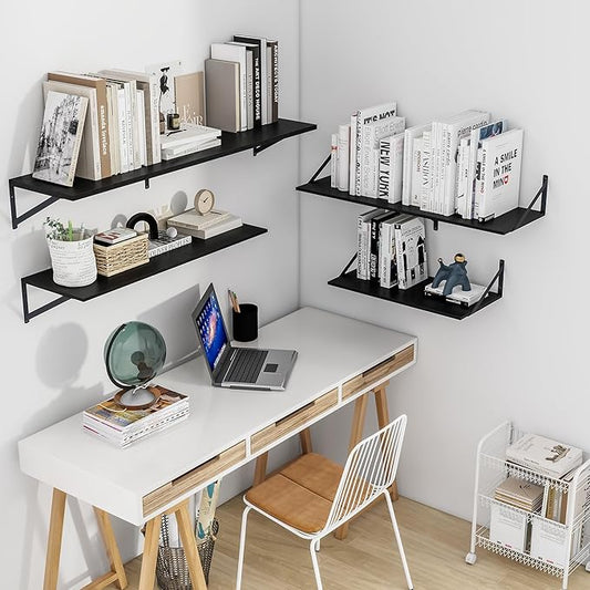 Heimlove Black Deep Floating Shelves for Wall, 24W x 12D Wood Wall Shelves Set of 2, Wide Floating Bookshelf for Living Room, Kitchen, Office, Bedroom and Decor Storage, with Metal Bracket - Black