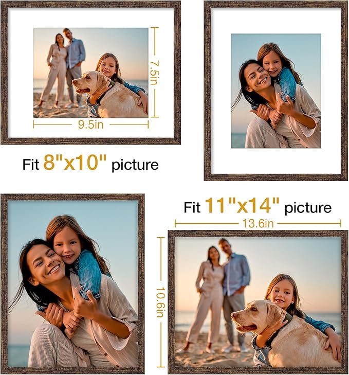 Vittanly 11x14 Picture Frames Set of 4, Display Pictures 8x10 with Mat or 11x14 without Mat, Gallery Frame for Wall or Tabletop Display, Engineered Wood with Shatter Resistant Plexiglass, Rustic Brown