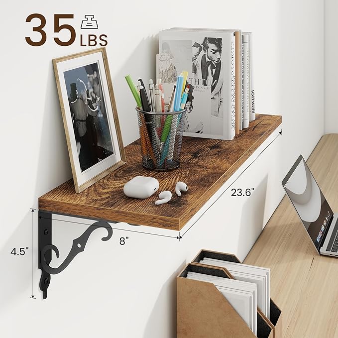 RICHFOCUS Floating Shelves for Wall Decor, 24Inch Shelves Set of 2, 24W x 8D Floating Shelves Wall Mounted with Metal Brackets, Rustic Wood Shelves for Living Room Bedroom Kitchen, Rustic Brown