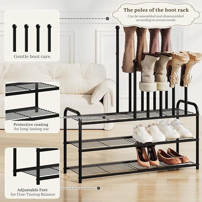 Shoe Rack - 3-Tier Metal Boot Rack Organizer for Entryway, Closet & Garage, Free Standing Shoe Shelf for Storage Tall Boots, Sneakers, Cowboy Boots, Black (Large - 8 Pairs)