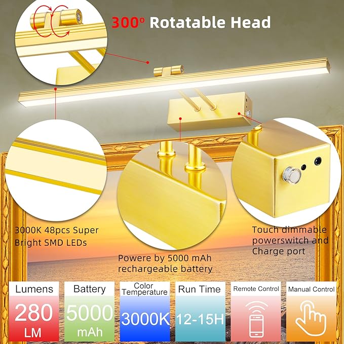FUNCHDAY Picture Light,Battery Art Lights for Wall,Wireless Remote Painting Light with Timer and Dimmable,20”Metal Display Lighting for Artwork,Portrait,Gallery-Brass