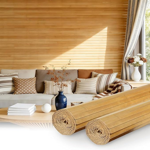 Natural Bamboo Wall Panel for Interior Wall Decor, Pole Wrap Wainscoting Wall Cladding Panel for Kitchen Island, Bedroom, Living Room, Office, Light-Carbonized (48" x 96"-2 pcs)