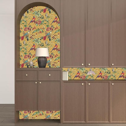 Yellow Boho Wallpaper Peel and Stick,Vintage Floral Bird Contact Paper, Retro Botanical Wall Paper Self Adhesive Removable Waterproof for Bedroom Walls Shelves Cabinet Table Decoration 17.5in x 118in