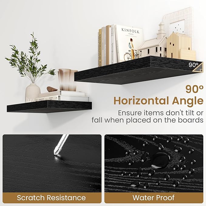 Fun Memories Black Floating Shelves 36 Inch Long, 9.3 Inch Deep Floating Shelf 2 Pack for Wall Bathroom, Living Room, Kitchen, Large Long Wall Shelves with Heavy-Duty Bracket for Books Decor