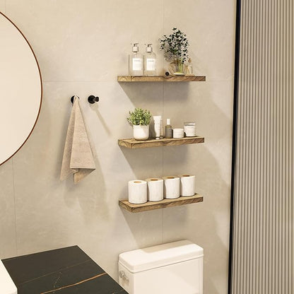 Floating Shelves 16 Inches, Set of 3 Solid Rustic Wood Wall Mounted Shelves, Wall Picture Ledge Shelf with Invisible Metal Brackets for Living Room, Bedroom, Bathroom, Carbonized Black