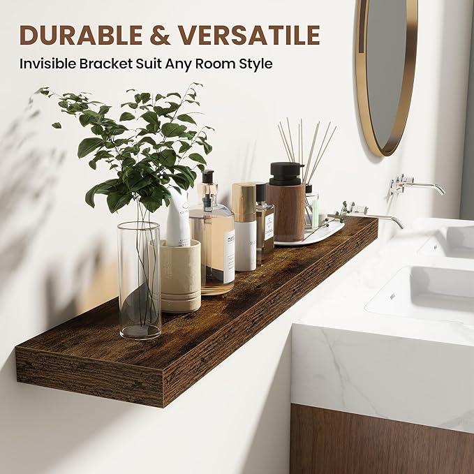 30 Inch Floating Shelves for Wall 2 Pack, 30" Wall Shelves for Books, Storage, Decor, Wall Mounted Floating Shelf with Invisible Brackets for Kitchen, Living Room, Brown