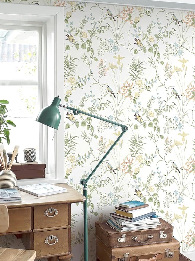 Erfoni 16.9" x197" Modern Floral and Birds Wallpaper Flower Removable Peel and Stick Wallpaper for Bedroom Decorative Self Adhesive Wall Paper Boho Floral Leaf Contact Paper for Accent Walls Covering