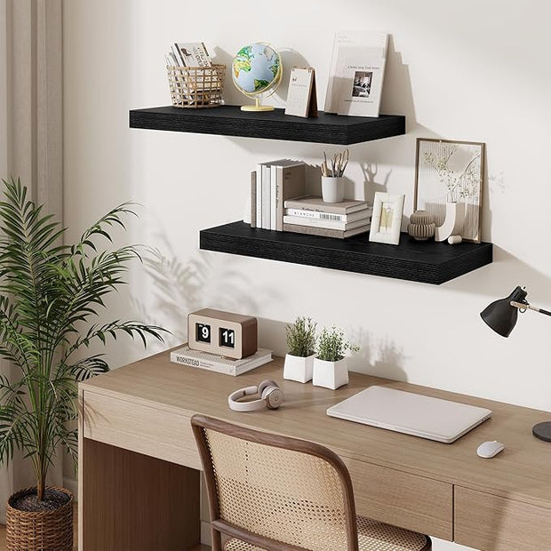 Fun Memories 32 x 12 Floating Shelves Wall-Mounted - Rustic Wood Shelf - 12 Inch Deep Floating Shelves for Wall - Large Storage Shelf for Bathroom - Kitchen & Bedroom - Black - Set of 2