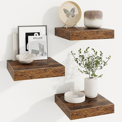 Square Floating Shelves for Wall, 10"W x 10"D x 1.25"H, 3 Packs Small Wall Mounted Engineered Wood Shelves with Invisible Brackets for Living Room, Bedroom, Bathroom, Kitchen Decor, Rustic Brown