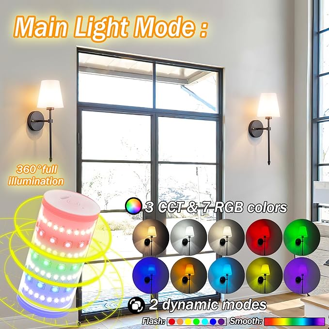 Wall Sconces Set Of Two Battery Operated, Wireless Sconces Wall Lighting Indoor Battery Operated Sconces With Remote Control, 10000mAh RGB Dimmable Rechargeable Wall Sconce For Bedroom, Including Bulb
