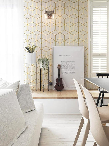 Safiyya 118"x17.3" Peel and Stick Wallpaper Gold and White Contact Paper Geometric Wallpaper Self Adhesive Removable Wallpaper for Walls Covering Vinyl Rolls