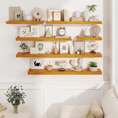 Fun Memories Wood Floating Shelves Set of 2, Rustic Pine Wood Floating Shelves for Wall Mounting, Wide Wall Shelf for Home Decor and Storage, 24" W x 7" D, Honey Oak