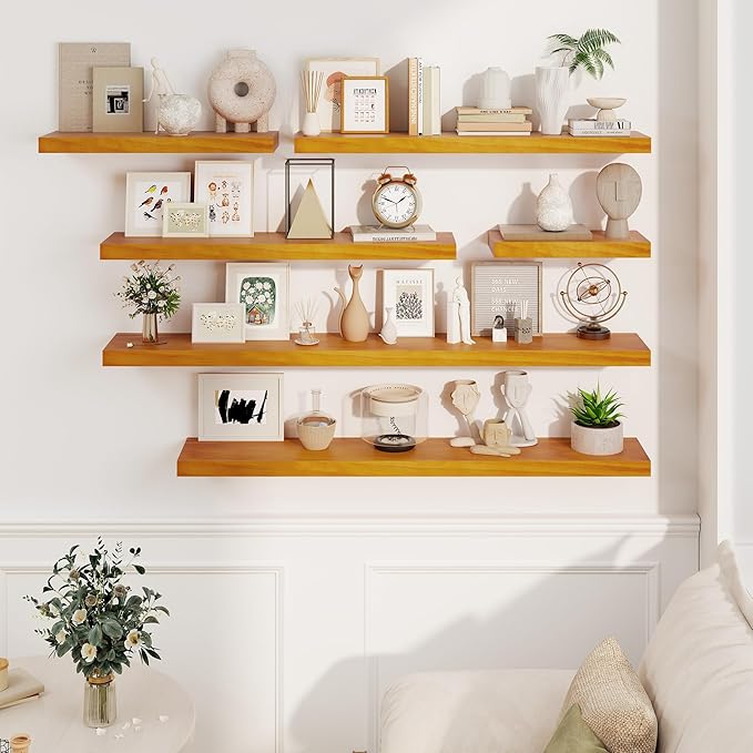 Fun Memories Wood Floating Shelves Set of 2, Rustic Pine Wood Floating Shelves for Wall Mounting, Wide Wall Shelf for Home Decor and Storage, 16" W x 7" D, Honey Oak