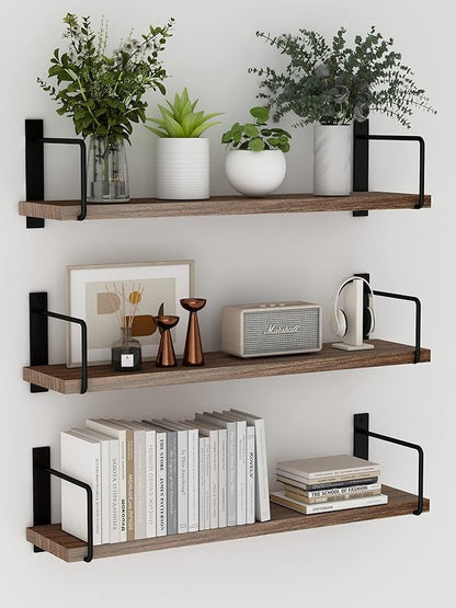 Floating Shelves - 24 Inch Wall Mounted Set of 3 Rustic Wood Shelves for Wall Decor and Living Room Storage (Brown)