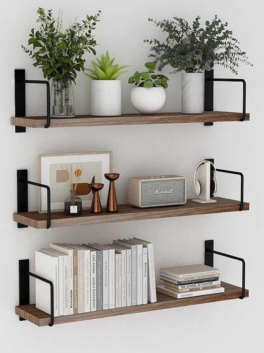 Floating Shelves - 24 Inch Wall Mounted Set of 3 Rustic Wood Shelves for Wall Decor and Living Room Storage (Brown)