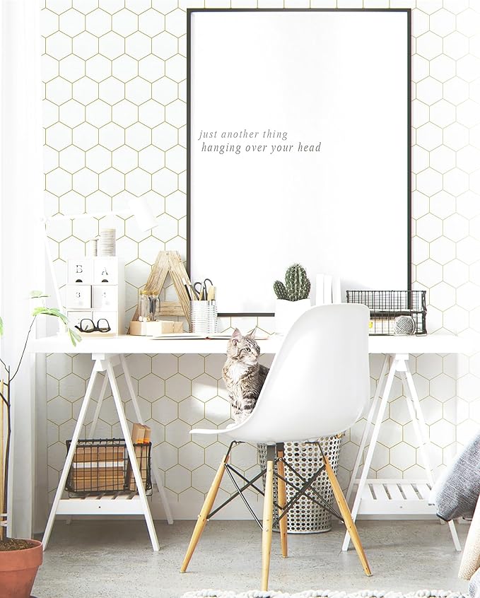 Hexagonal Wallpaper Geometric Peel and Stick Wallpaper 17.3”×472”Gold and White Contact Paper Decorative Shelf Drawer Liner Roll Waterproof
