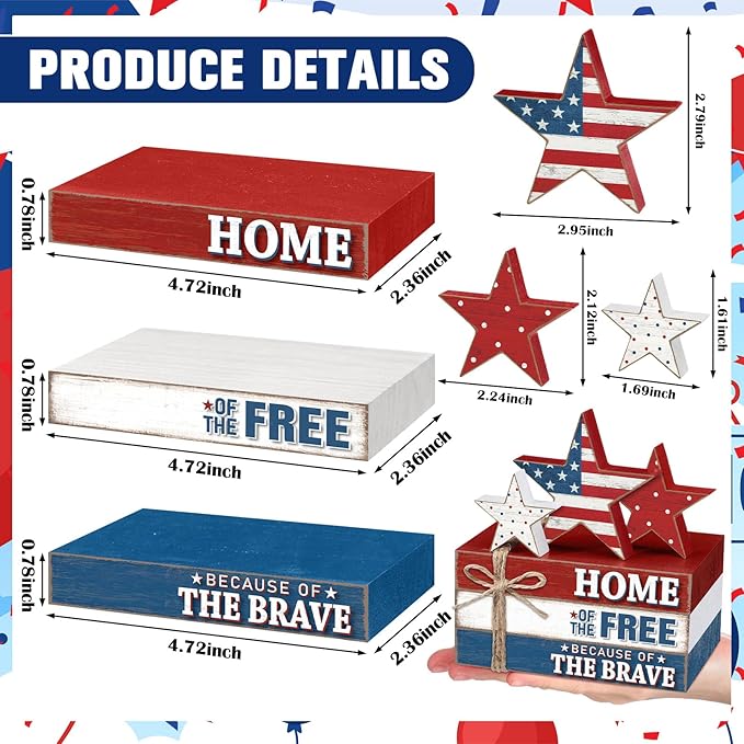 Geelin 4 Pcs Memorial Day Patriotic Wooden Book Stack Decorations, Tabletop Book Sign Ornaments with American Flag Stars, Rustic Red White Blue Tiered Tray Decor for Home, Office, Independence Day