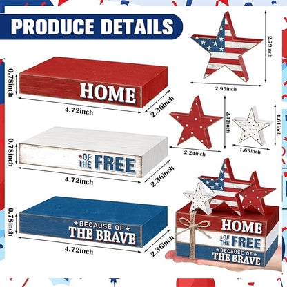Geelin 4 Pcs Memorial Day Patriotic Wooden Book Stack Decorations, Tabletop Book Sign Ornaments with American Flag Stars, Rustic Red White Blue Tiered Tray Decor for Home, Office, Independence Day