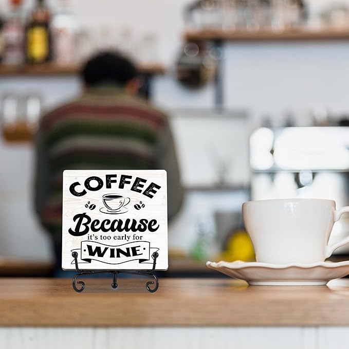 Coffee Bar Decor, Farmhouse Kitchen Table Decor, Coffee Station Accessories, Wooden Decorative Sign with Iron Stand for Table Desk Shelf Display-E19