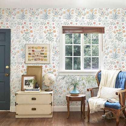 Floral Peel and Stick Wallpaper Vintage Wallpaper Colorful Wall Paper Wildflower Contact Paper for Cabinets Vinyl Renter Friendly Waterproof Self-Adhesive Bathroom Kitchen Bedroom 393"×17.3"