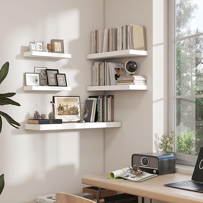Heimlove 36 Inch White Floating Shelves for Wall 36 Inch,10 Deep Wood Shelves with Invisible Brackets,Wall Mounted Storage & Display Shelves for Bedroom,Living Room,Kitchen,Office