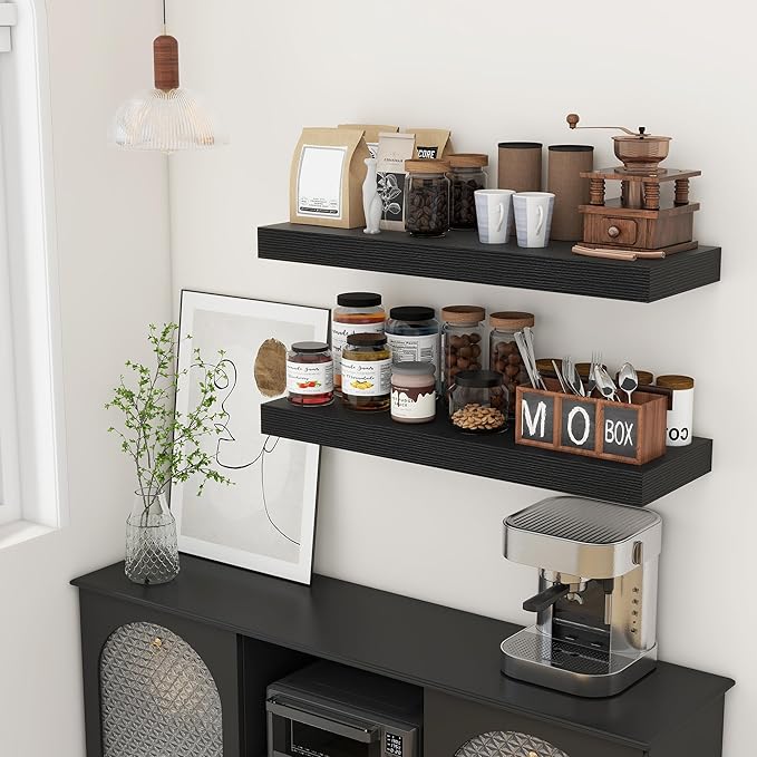 Deep Floating Shelves | 36 Inch Black Floating Shelves Set of 2 | 12 Inch Deep Rustic Wood Shelves for Wall | 36