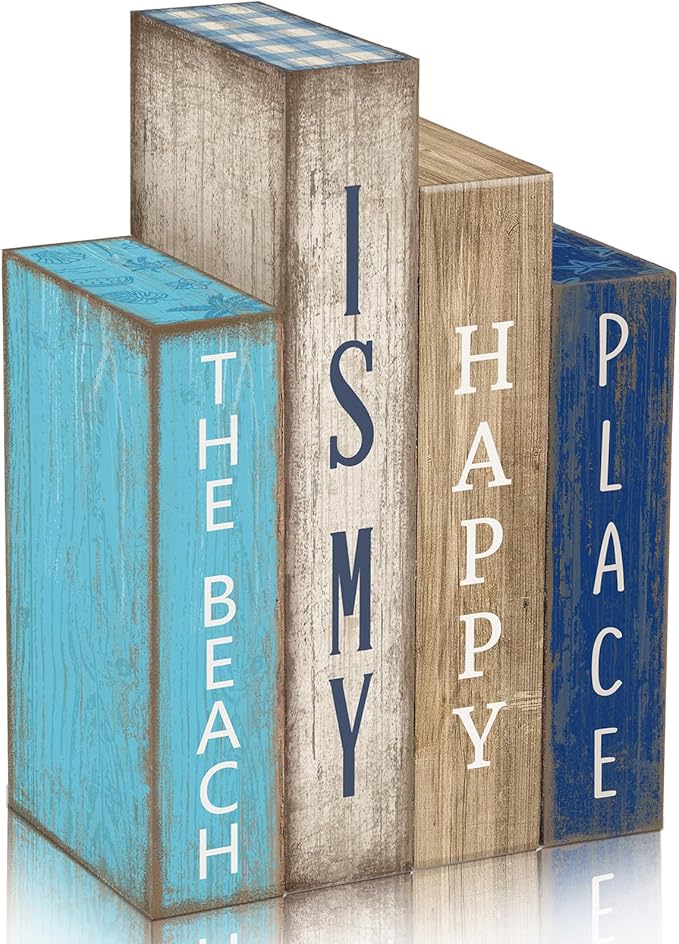 4 Pcs Summer Table Decoration Wooden Book Coastal Beach Decoration Blue and White Summer Tiered Tray Decor Wood Book Signs Farmhouse for Ocean Party Home Shelf Coffee Table