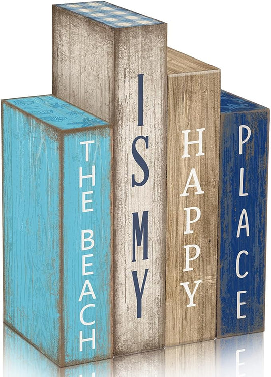 4 Pcs Summer Table Decoration Wooden Book Coastal Beach Decoration Blue and White Summer Tiered Tray Decor Wood Book Signs Farmhouse for Ocean Party Home Shelf Coffee Table