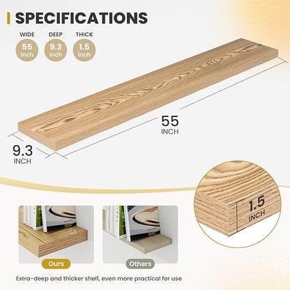 55 Inch Floating Shelves, 9.3" Deep Floating Shelf Wall Mounted, 56" Wall Shelves, Rustic Deep Bookshelf, Large Display Shelves & Storage Shelves for Bedroom, Living Room, Light Brown, Set of 2