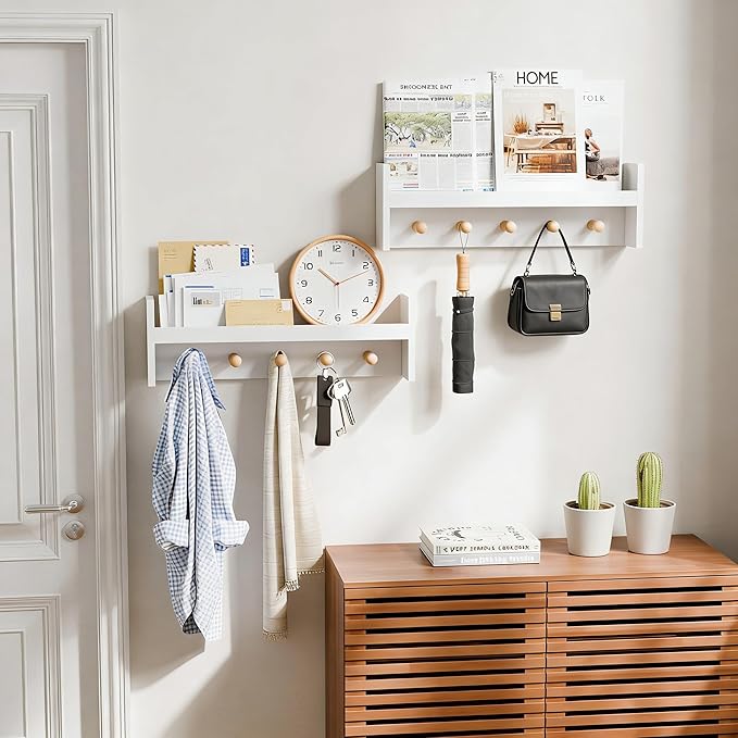 Nursery Floating Shelves Set of 2 - Pine Wood Kids Shelves, Wall Shelf with Hooks, 24 Inches Floating Shelves for Wall Storage, Nursery Shelves for Kids Room, Bedroom, Entryway(White)