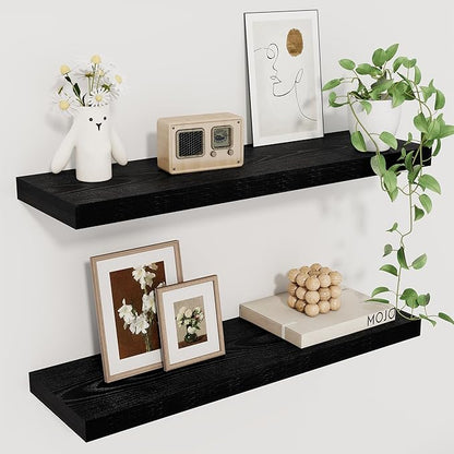 Fun Memories Deep Black Floating Shelf, 22.5" W x 6.5" D Rustic Wood Wall Shelf for Books with Invisible Brackets, Floating Shelf for Storage & Display in Kitchen, Living Room, Bedroom, 2 Packs
