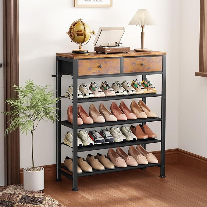 Kitstorack Shoe Rack, 5 Tier Shoe Organizer for 12-16 Pairs of Shoes, with 2 Drawers, 3 Fabric Shelves and Wooden Top, Shoe Rack for Closet Entryway, Rustic Brown