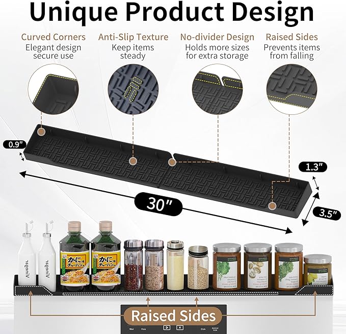 Magnetic Stove Top Shelf, 30 Inch Magnetic Silicone Kitchen Spice Rack for Back of Stove, Over the Stove Top Kitchen Organization, Oven Shelf, Seasoning Organizers, Easy to Clean, Black