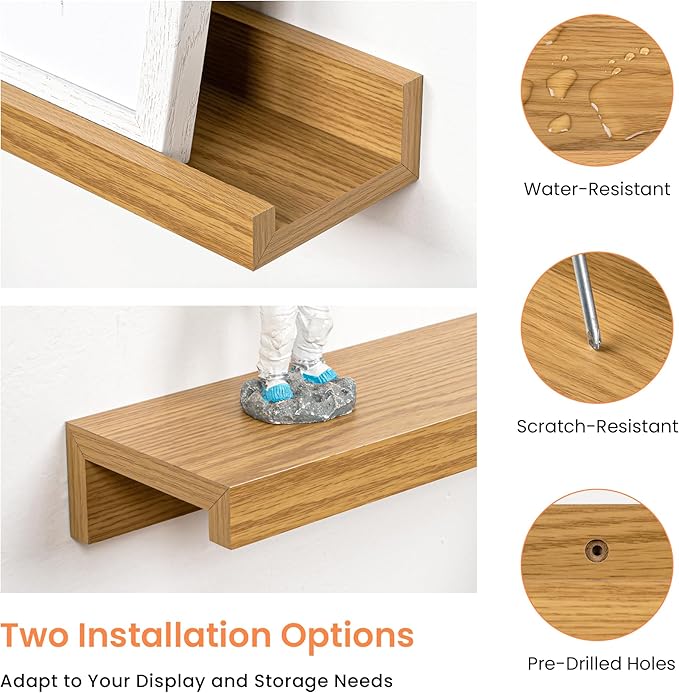 RICHFOCUS Picture Ledge Shelf, 24 inch Floating Shelves Set of 2, Wood Wall Shelves with Lip, Wall Decor Storage for Bedroom Living Room Bathroom Kitchen Nursery Photo Picture, Oak