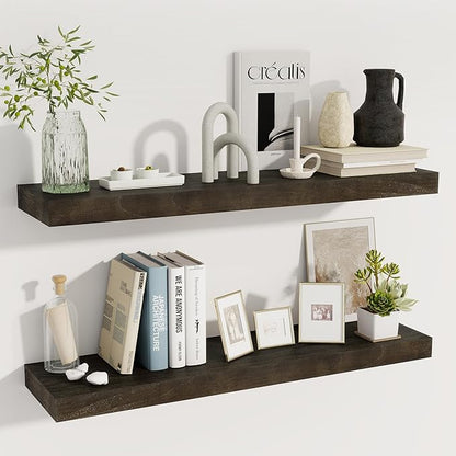 fuqing Floating Shelves for Wall - 36 Inch Dark Wood Shelves Set of 2-36 Inch Wide x 9.3 Inch Deep x 1.6 Inch Thick Wood Wall Shelves for Room Decor & Storage