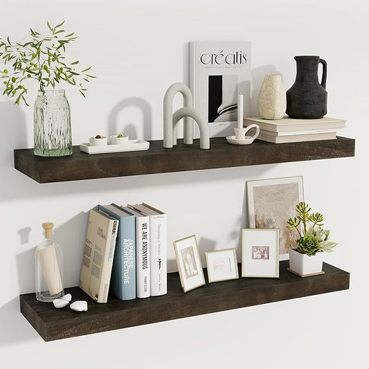 fuqing Floating Shelves for Wall - 36 Inch Dark Wood Shelves Set of 2-36 Inch Wide x 9.3 Inch Deep x 1.6 Inch Thick Wood Wall Shelves for Room Decor & Storage