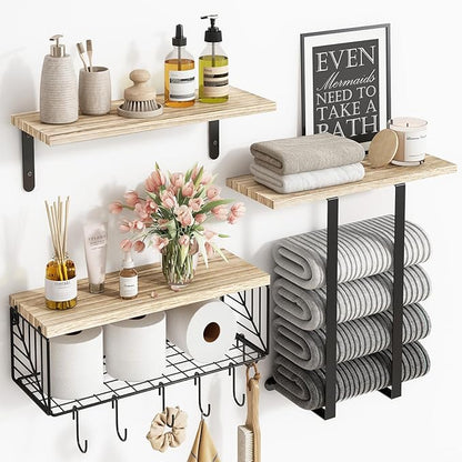 Fixwal Bathroom Floating Shelves Over Toilet Wall Shelves Set with Towel Storage Rack for Bathroom Organization & Wall Decor(Rustic Brown)