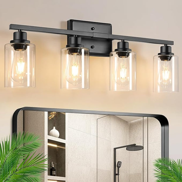 Ascher Bathroom Light Fixtures, 4-Light Vanity Lights with Clear Glass Shade, Modern Black Finish Wall Light for Mirror Bedroom Hallway Cabinet Porch