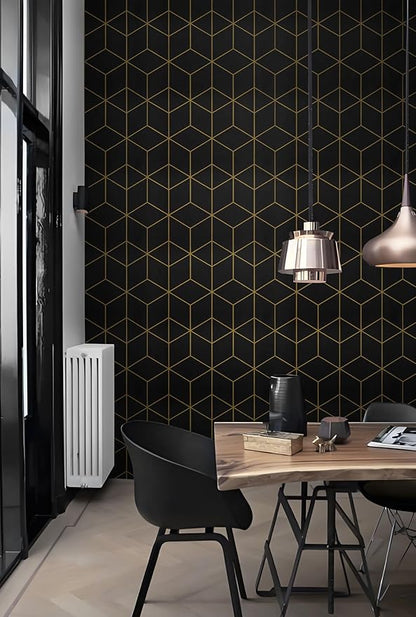 Safiyya 118" x 17.3" Gold and Black Wallpaper Geometric Contact Paper Peel and Stick Wallpaper Removable Self Adhesive Contact Paper for Cabinets and Walls Vinyl Rolls