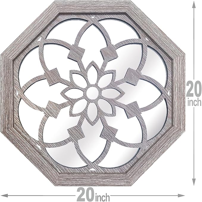 2 PCS 20 inch Octagon Wall-Mounted Mirrors,Vintage Farmhouse Mirror for Wall Decor,Barn Wood Color Decorative Accent Mirror for Foyer, Bathroom, Bedroom. (20”x20”)