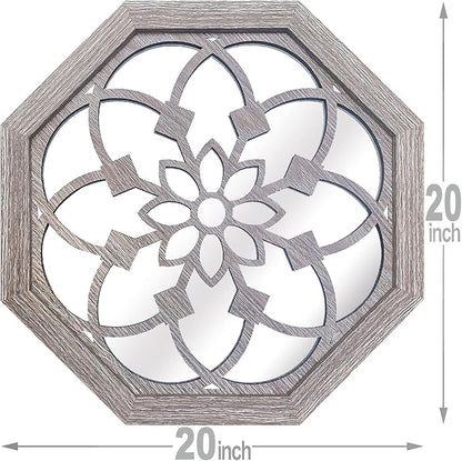 2 PCS 20 inch Octagon Wall-Mounted Mirrors,Vintage Farmhouse Mirror for Wall Decor,Barn Wood Color Decorative Accent Mirror for Foyer, Bathroom, Bedroom. (20”x20”)