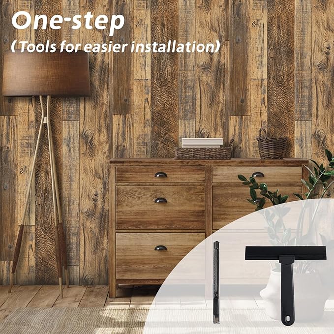 Decoroom Wood Wallpaper with Tools, 17.7''×118'' Peel and Stick Wallpaper Rustic Wood Grain Contact Paper, Removable Self Adhesive Vinyl Film Roll for Table Cabinets Shelf Liner