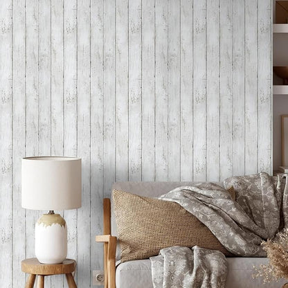 White Gray Wood Wallpaper 17.71 in X 393 in Peel and Stick Removable Decorative Vintage Wood Grey Plank Wall Paper Self-Adhesive Interior Vinyl Film Shiplap for Halloween and Christmas Home Decoration