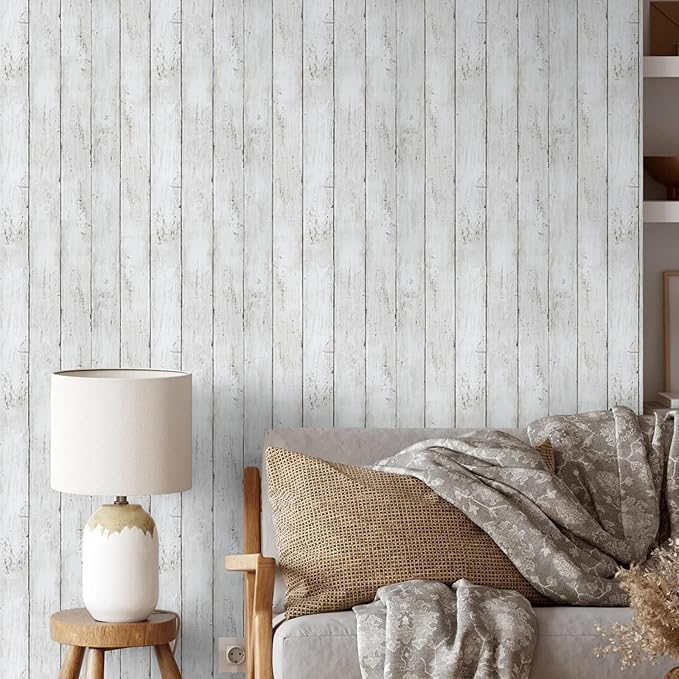 White Gray Wood Wallpaper 17.71 in X 393 in Peel and Stick Removable Decorative Vintage Wood Grey Plank Wall Paper Self-Adhesive Interior Vinyl Film Shiplap for Halloween and Christmas Home Decoration