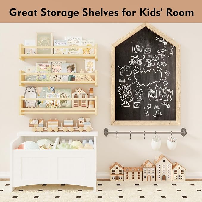 Nursery Floating Bookshelf for Kids, Wall Mounted Kids Book Shelf with Toy Storage, Pine Wood Nursery Shelves for Playroom, Bedroom, Toddler Room, Set of 3 (Pine, 15.8 Inches)
